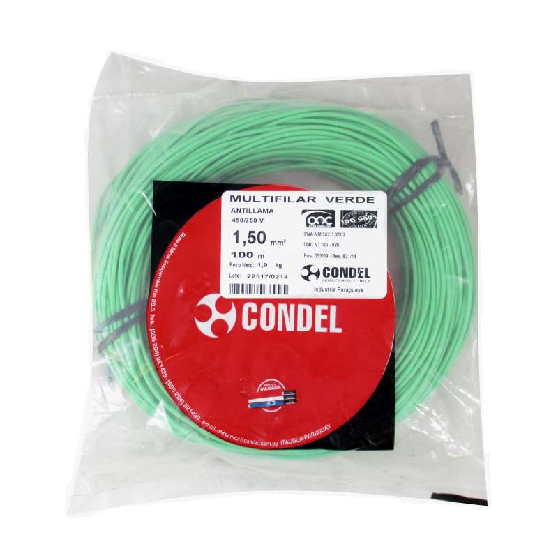 Cable Multifilar Condel 1,50mm2 - Verde - Paquete 100 Mts.